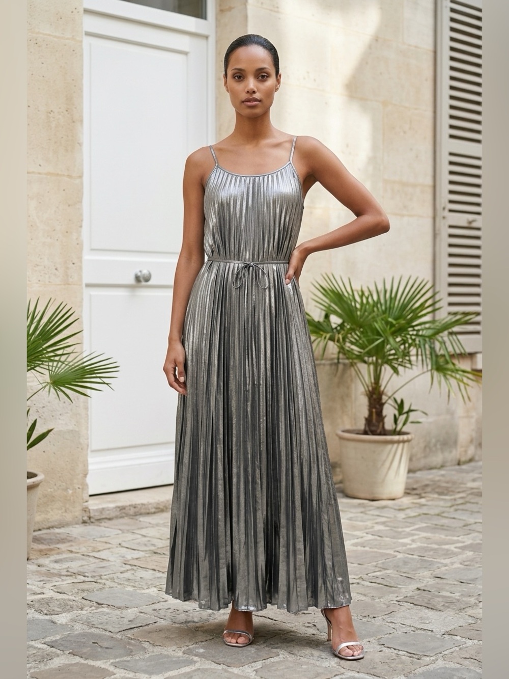 Banana Republic Silver Metallic Pleated Maxi Dress - Picture 2 of 9